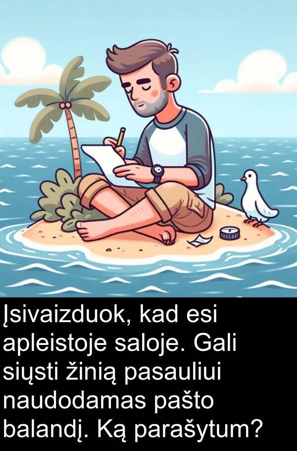 saloje: Įsivaizduok, kad esi apleistoje saloje. Gali siųsti žinią pasauliui naudodamas pašto balandį. Ką parašytum?