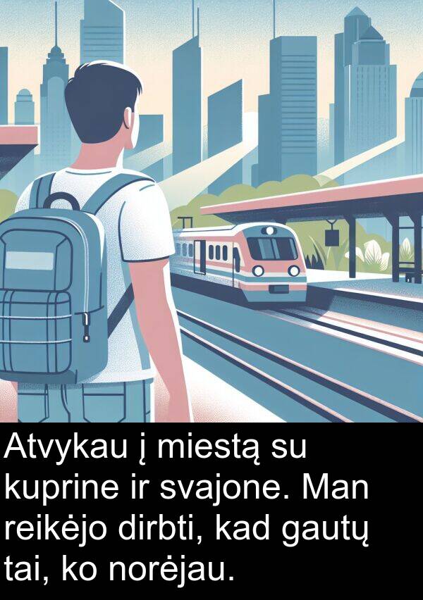 kuprine: Atvykau į miestą su kuprine ir svajone. Man reikėjo dirbti, kad gautų tai, ko norėjau.