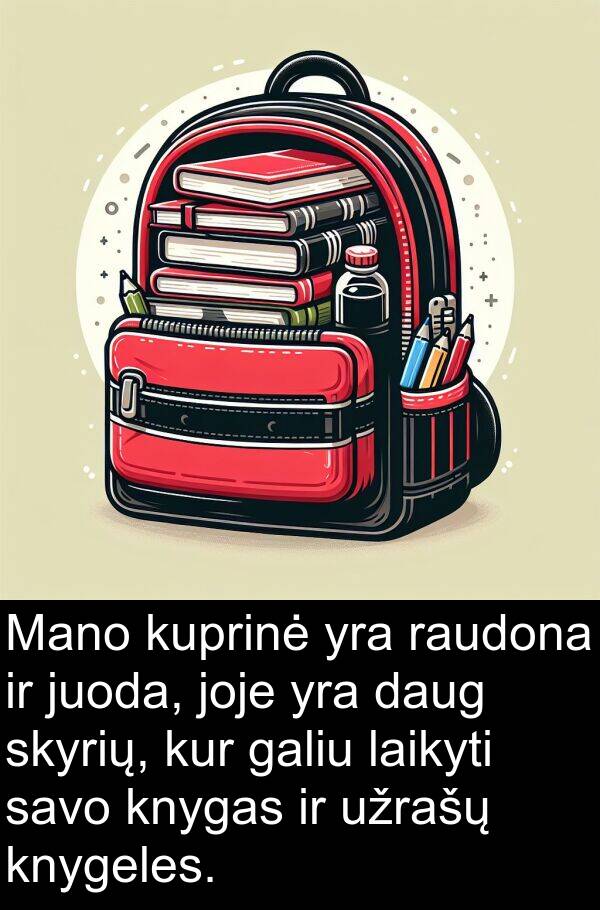 juoda: Mano kuprinė yra raudona ir juoda, joje yra daug skyrių, kur galiu laikyti savo knygas ir užrašų knygeles.