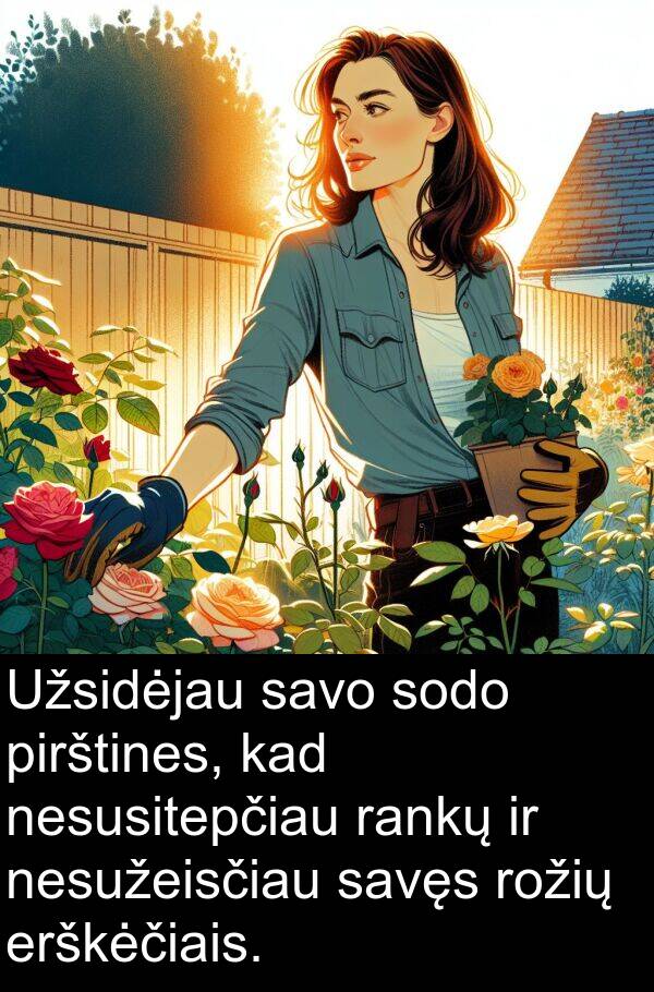 rankų: Užsidėjau savo sodo pirštines, kad nesusitepčiau rankų ir nesužeisčiau savęs rožių erškėčiais.