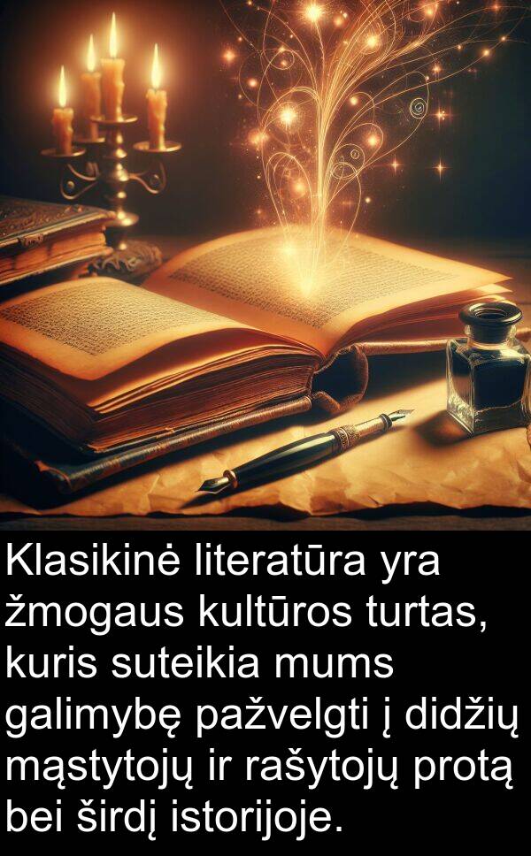 galimybę: Klasikinė literatūra yra žmogaus kultūros turtas, kuris suteikia mums galimybę pažvelgti į didžių mąstytojų ir rašytojų protą bei širdį istorijoje.