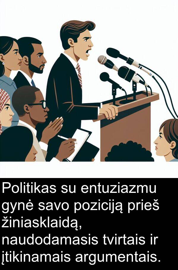 gynė: Politikas su entuziazmu gynė savo poziciją prieš žiniasklaidą, naudodamasis tvirtais ir įtikinamais argumentais.