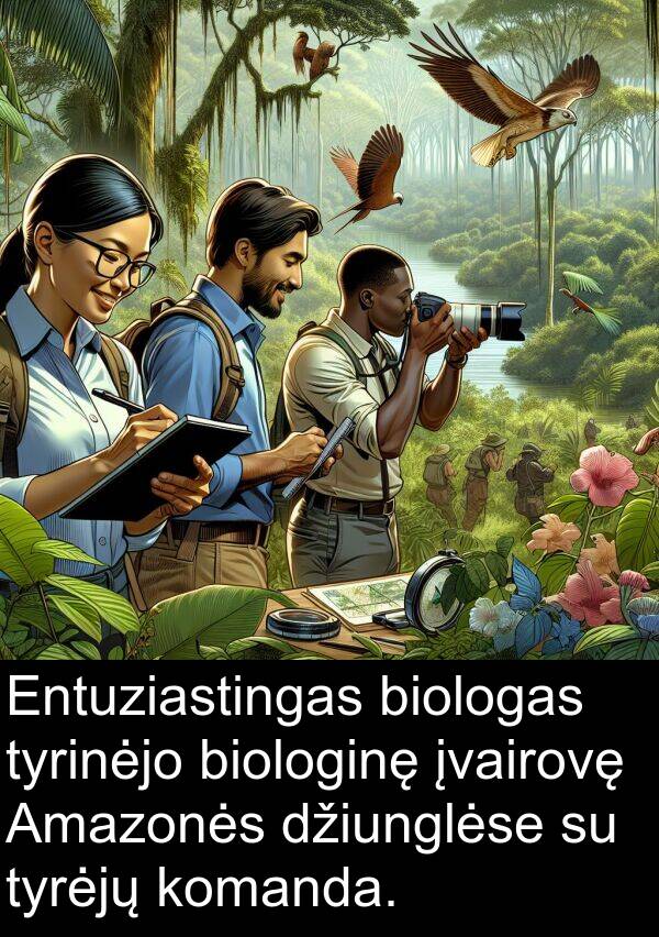 džiunglėse: Entuziastingas biologas tyrinėjo biologinę įvairovę Amazonės džiunglėse su tyrėjų komanda.