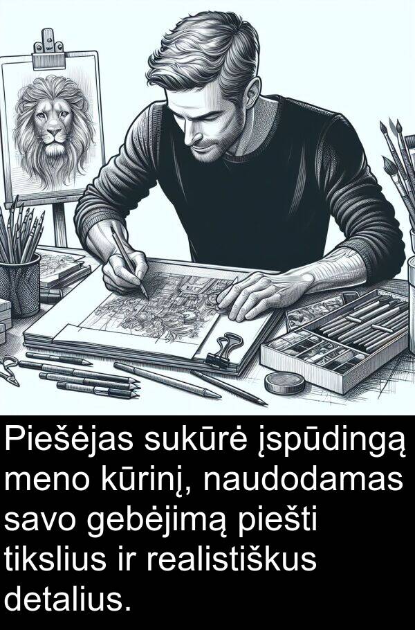 naudodamas: Piešėjas sukūrė įspūdingą meno kūrinį, naudodamas savo gebėjimą piešti tikslius ir realistiškus detalius.