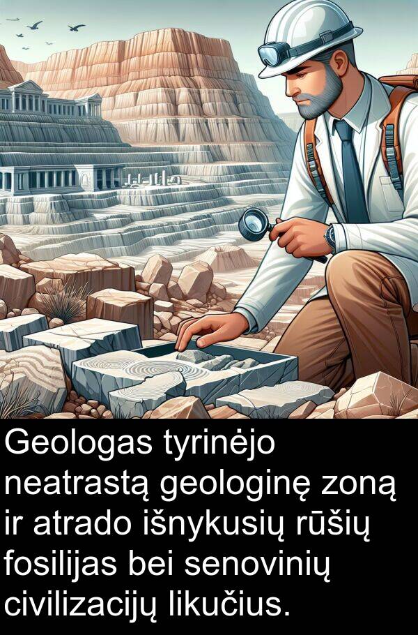 zoną: Geologas tyrinėjo neatrastą geologinę zoną ir atrado išnykusių rūšių fosilijas bei senovinių civilizacijų likučius.