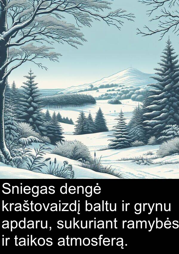 baltu: Sniegas dengė kraštovaizdį baltu ir grynu apdaru, sukuriant ramybės ir taikos atmosferą.