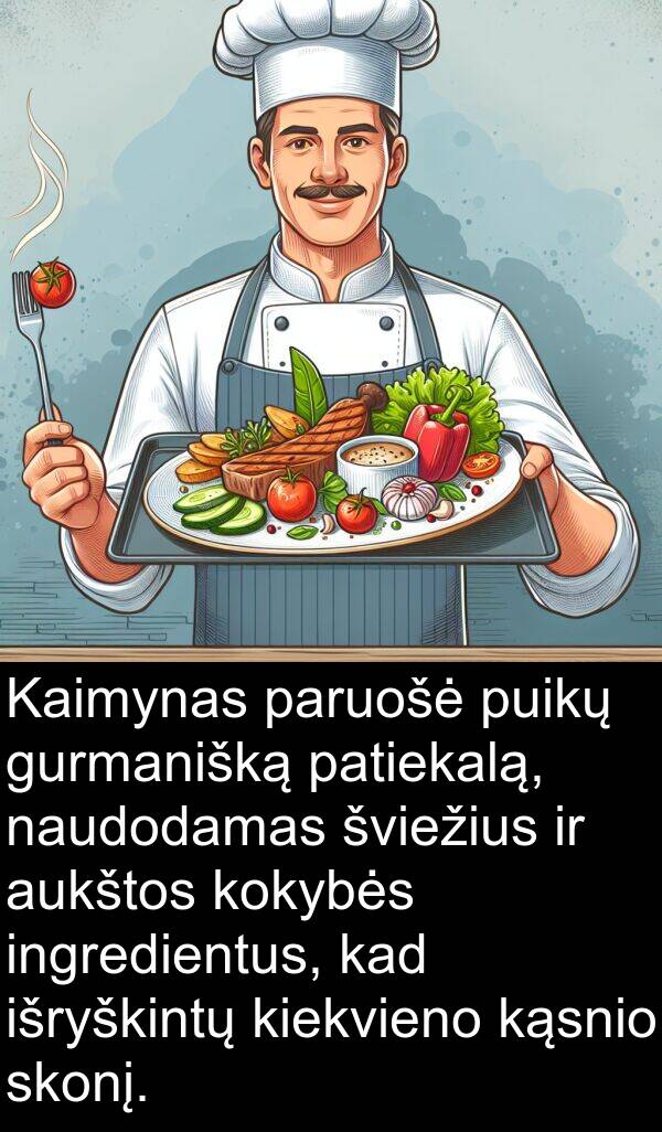 naudodamas: Kaimynas paruošė puikų gurmanišką patiekalą, naudodamas šviežius ir aukštos kokybės ingredientus, kad išryškintų kiekvieno kąsnio skonį.