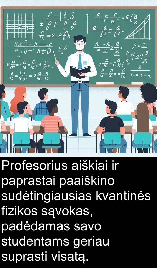 padėdamas: Profesorius aiškiai ir paprastai paaiškino sudėtingiausias kvantinės fizikos sąvokas, padėdamas savo studentams geriau suprasti visatą.