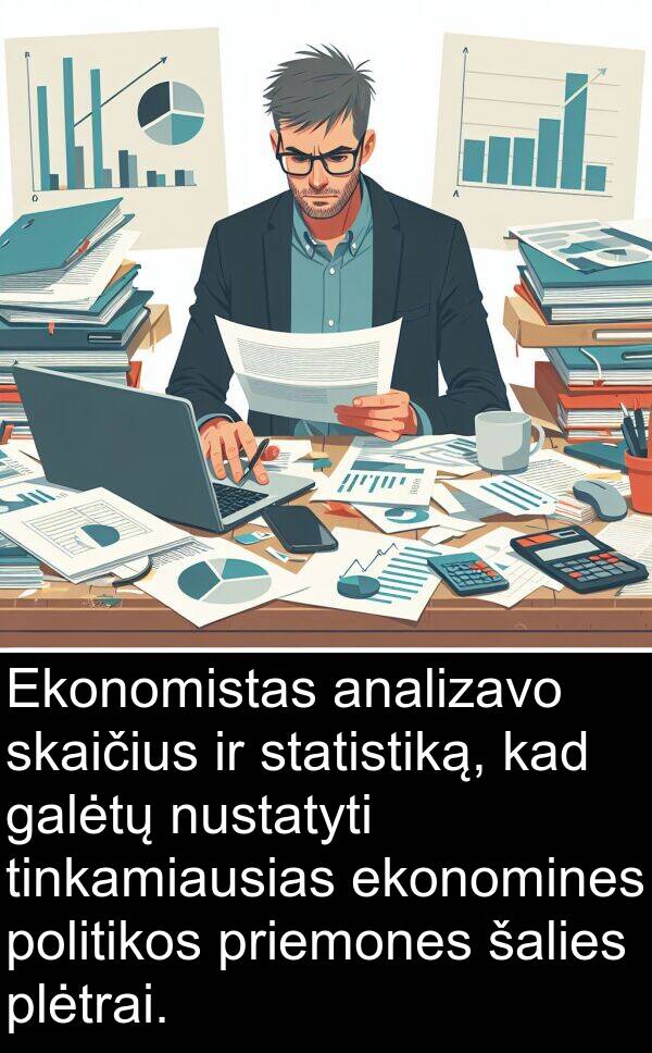 ekonomines: Ekonomistas analizavo skaičius ir statistiką, kad galėtų nustatyti tinkamiausias ekonomines politikos priemones šalies plėtrai.