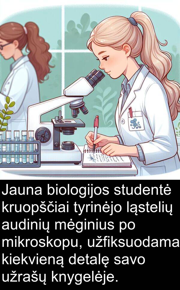 ląstelių: Jauna biologijos studentė kruopščiai tyrinėjo ląstelių audinių mėginius po mikroskopu, užfiksuodama kiekvieną detalę savo užrašų knygelėje.