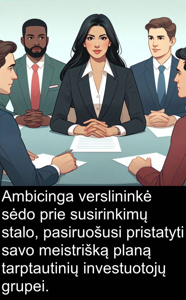 pristatyti: Ambicinga verslininkė sėdo prie susirinkimų stalo, pasiruošusi pristatyti savo meistrišką planą tarptautinių investuotojų grupei.