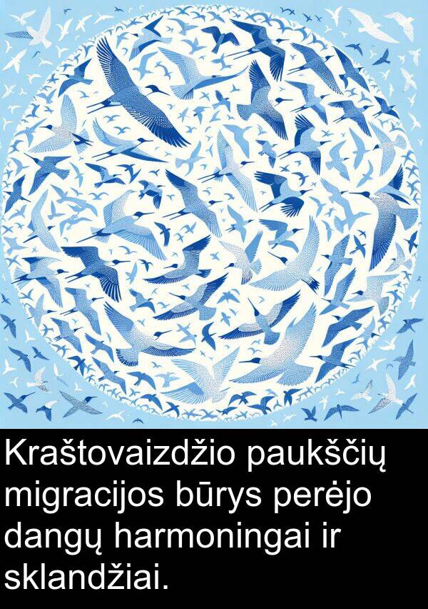 dangų: Kraštovaizdžio paukščių migracijos būrys perėjo dangų harmoningai ir sklandžiai.