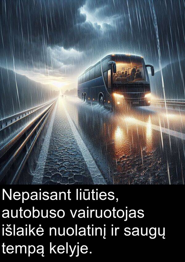 vairuotojas: Nepaisant liūties, autobuso vairuotojas išlaikė nuolatinį ir saugų tempą kelyje.