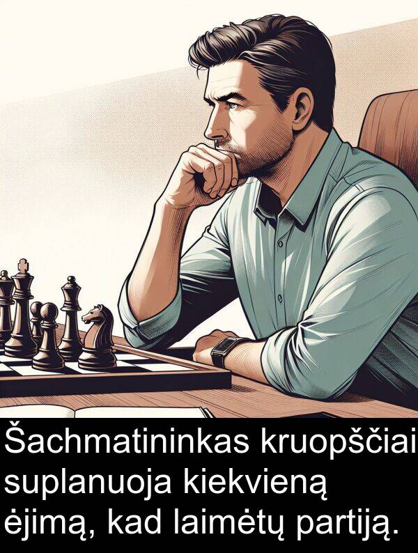 laimėtų: Šachmatininkas kruopščiai suplanuoja kiekvieną ėjimą, kad laimėtų partiją.