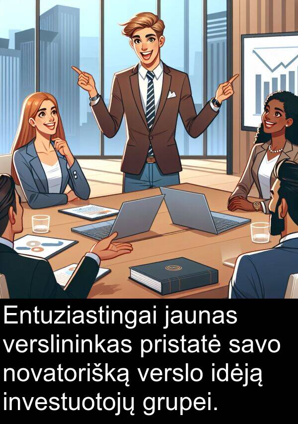 jaunas: Entuziastingai jaunas verslininkas pristatė savo novatorišką verslo idėją investuotojų grupei.