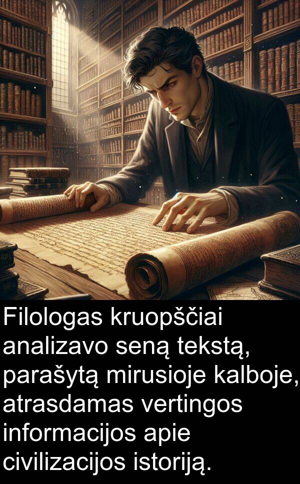 civilizacijos: Filologas kruopščiai analizavo seną tekstą, parašytą mirusioje kalboje, atrasdamas vertingos informacijos apie civilizacijos istoriją.