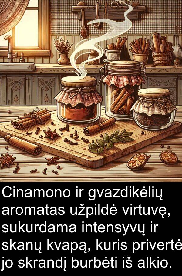 privertė: Cinamono ir gvazdikėlių aromatas užpildė virtuvę, sukurdama intensyvų ir skanų kvapą, kuris privertė jo skrandį burbėti iš alkio.