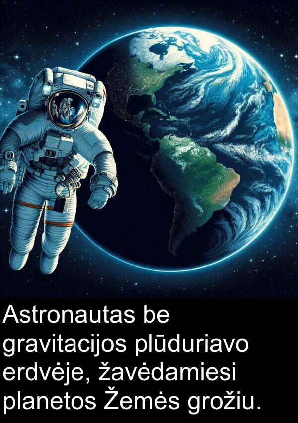 žavėdamiesi: Astronautas be gravitacijos plūduriavo erdvėje, žavėdamiesi planetos Žemės grožiu.