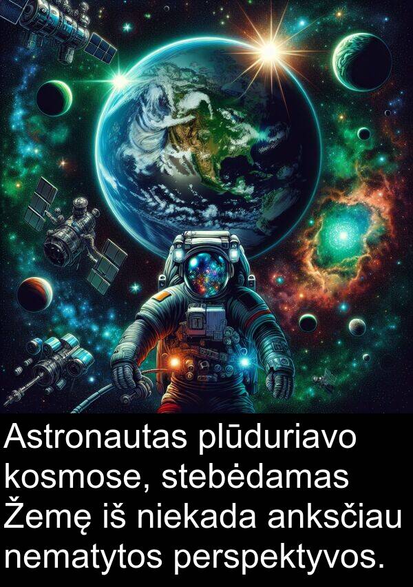 perspektyvos: Astronautas plūduriavo kosmose, stebėdamas Žemę iš niekada anksčiau nematytos perspektyvos.