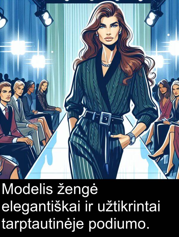 žengė: Modelis žengė elegantiškai ir užtikrintai tarptautinėje podiumo.