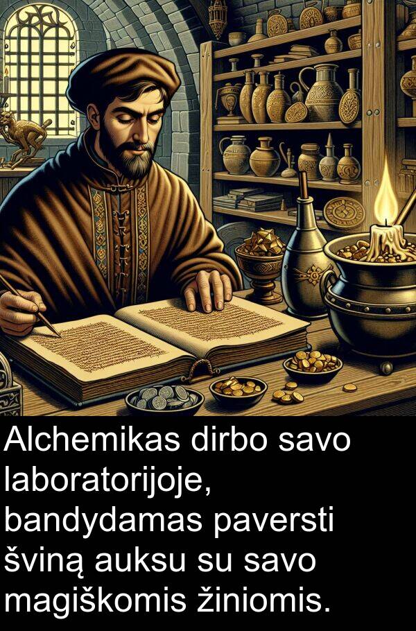 laboratorijoje: Alchemikas dirbo savo laboratorijoje, bandydamas paversti šviną auksu su savo magiškomis žiniomis.