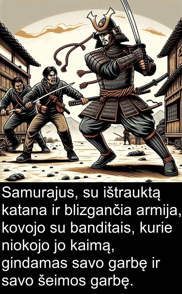 kaimą: Samurajus, su ištrauktą katana ir blizgančia armija, kovojo su banditais, kurie niokojo jo kaimą, gindamas savo garbę ir savo šeimos garbę.