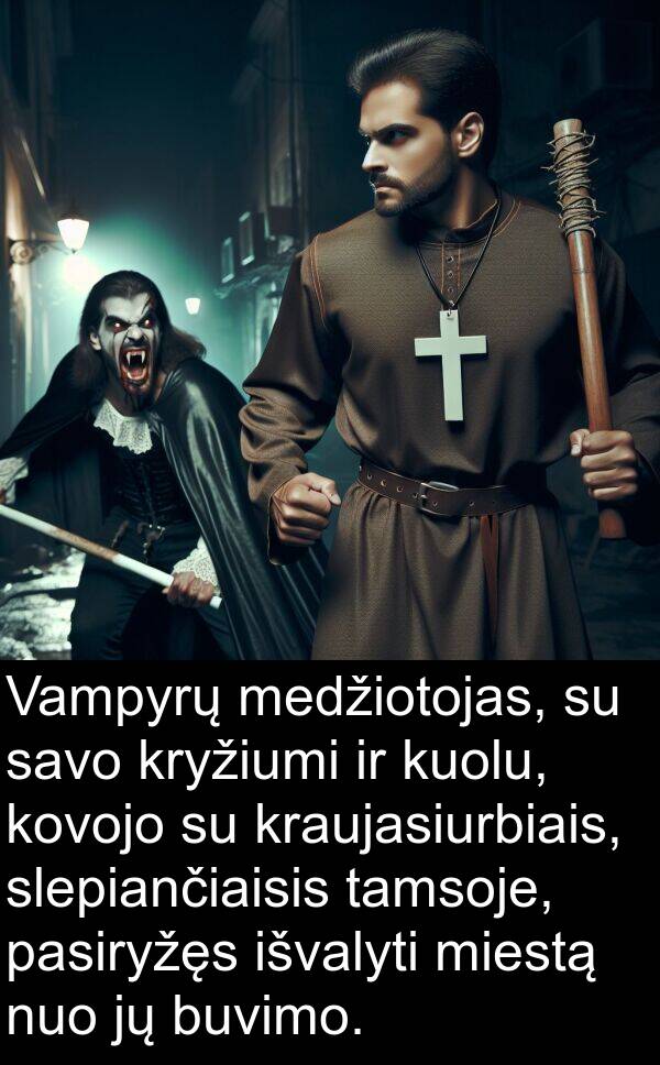 tamsoje: Vampyrų medžiotojas, su savo kryžiumi ir kuolu, kovojo su kraujasiurbiais, slepiančiaisis tamsoje, pasiryžęs išvalyti miestą nuo jų buvimo.