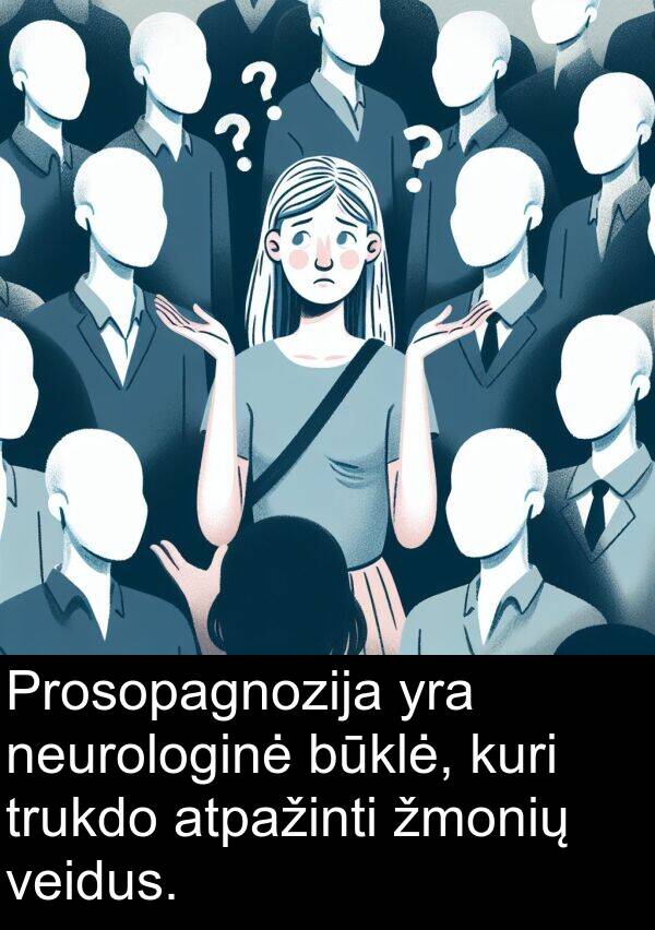 žmonių: Prosopagnozija yra neurologinė būklė, kuri trukdo atpažinti žmonių veidus.