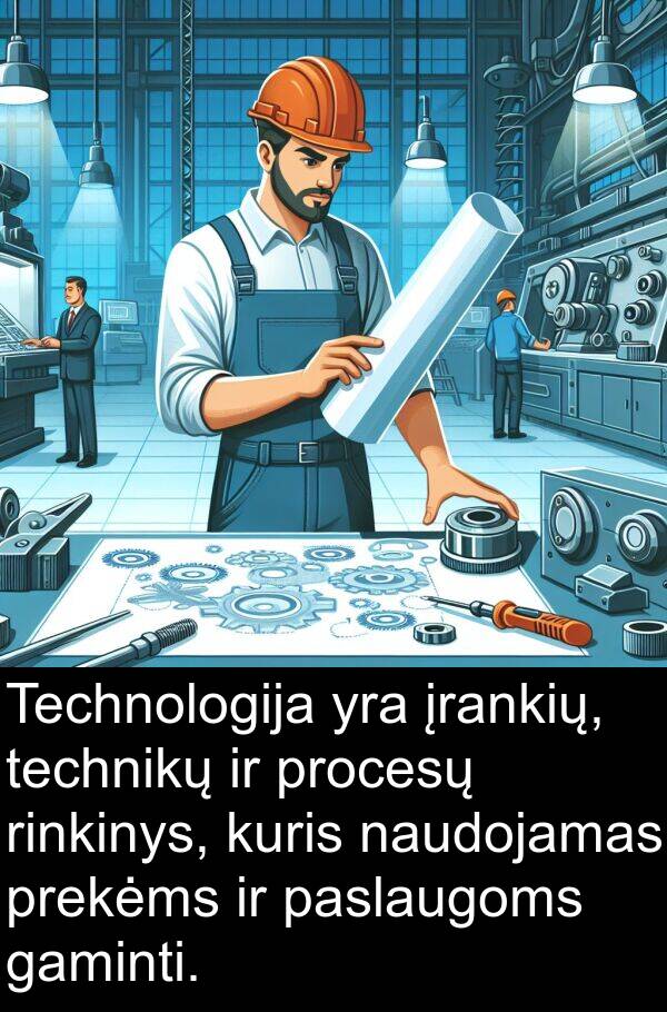 gaminti: Technologija yra įrankių, technikų ir procesų rinkinys, kuris naudojamas prekėms ir paslaugoms gaminti.