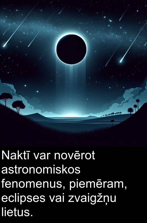 vai: Naktī var novērot astronomiskos fenomenus, piemēram, eclipses vai zvaigžņu lietus.