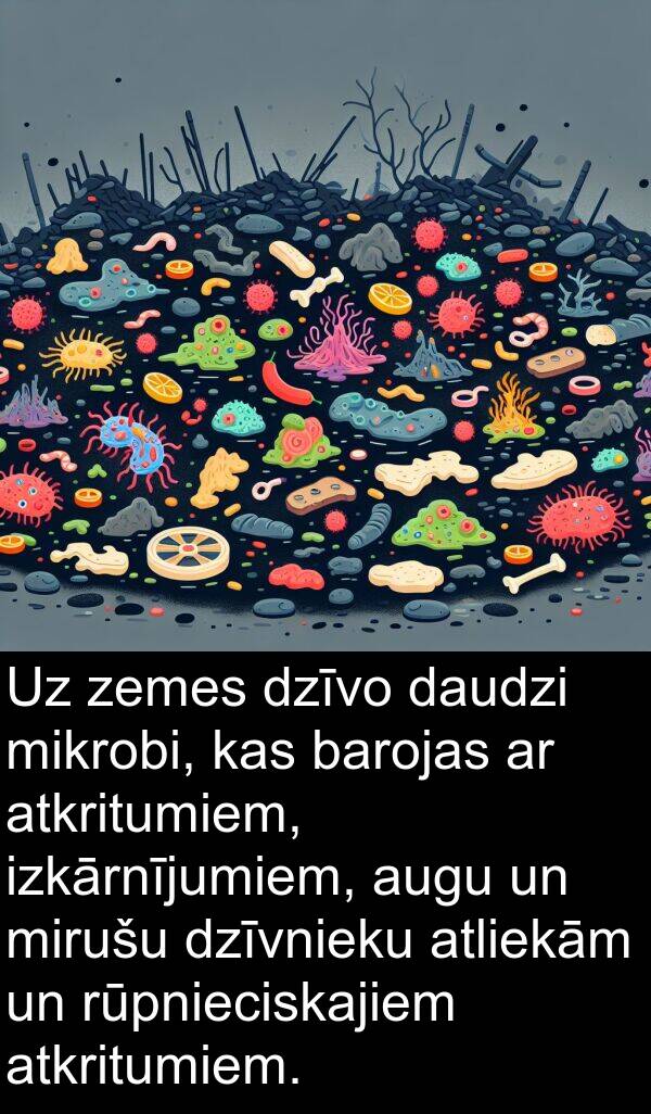 atkritumiem: Uz zemes dzīvo daudzi mikrobi, kas barojas ar atkritumiem, izkārnījumiem, augu un mirušu dzīvnieku atliekām un rūpnieciskajiem atkritumiem.