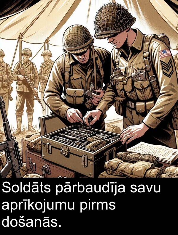 pirms: Soldāts pārbaudīja savu aprīkojumu pirms došanās.