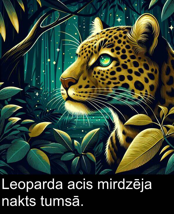 nakts: Leoparda acis mirdzēja nakts tumsā.