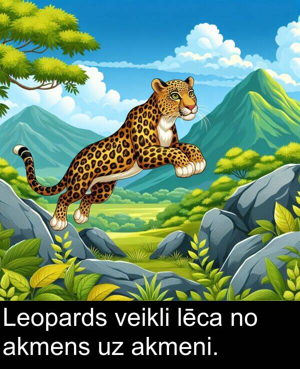 lēca: Leopards veikli lēca no akmens uz akmeni.