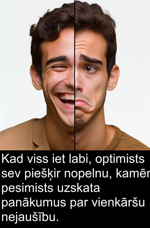 optimists: Kad viss iet labi, optimists sev piešķir nopelnu, kamēr pesimists uzskata panākumus par vienkāršu nejaušību.