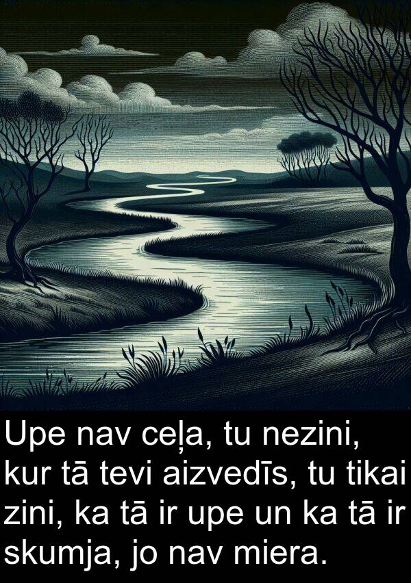 zini: Upe nav ceļa, tu nezini, kur tā tevi aizvedīs, tu tikai zini, ka tā ir upe un ka tā ir skumja, jo nav miera.