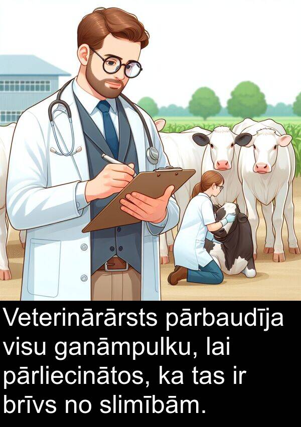 ganāmpulku: Veterinārārsts pārbaudīja visu ganāmpulku, lai pārliecinātos, ka tas ir brīvs no slimībām.