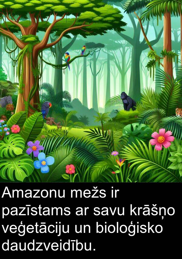 veģetāciju: Amazonu mežs ir pazīstams ar savu krāšņo veģetāciju un bioloģisko daudzveidību.