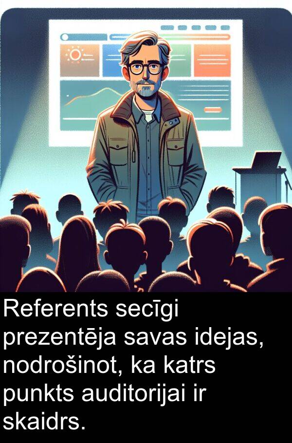 idejas: Referents secīgi prezentēja savas idejas, nodrošinot, ka katrs punkts auditorijai ir skaidrs.