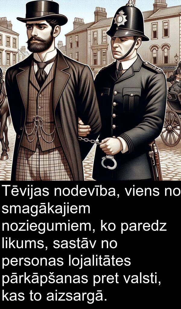 valsti: Tēvijas nodevība, viens no smagākajiem noziegumiem, ko paredz likums, sastāv no personas lojalitātes pārkāpšanas pret valsti, kas to aizsargā.