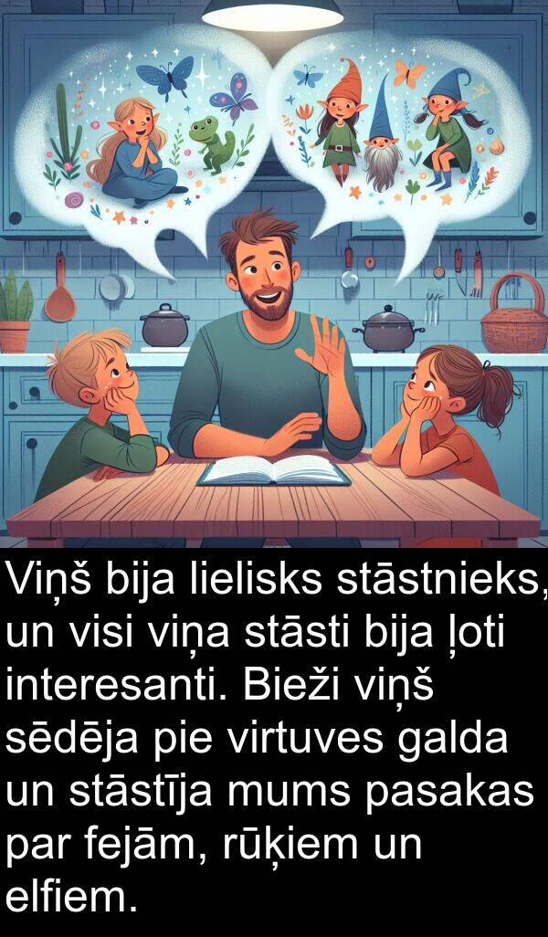 pasakas: Viņš bija lielisks stāstnieks, un visi viņa stāsti bija ļoti interesanti. Bieži viņš sēdēja pie virtuves galda un stāstīja mums pasakas par fejām, rūķiem un elfiem.