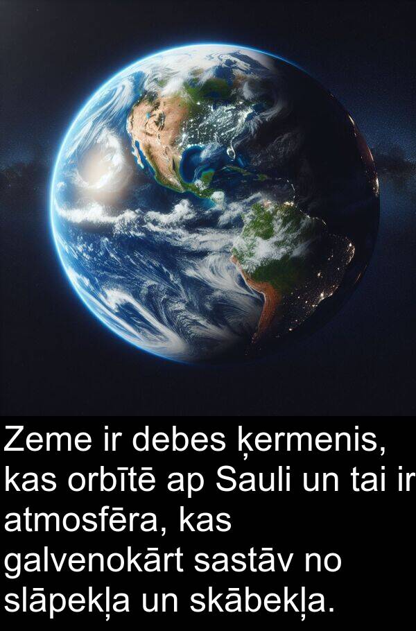 ķermenis: Zeme ir debes ķermenis, kas orbītē ap Sauli un tai ir atmosfēra, kas galvenokārt sastāv no slāpekļa un skābekļa.