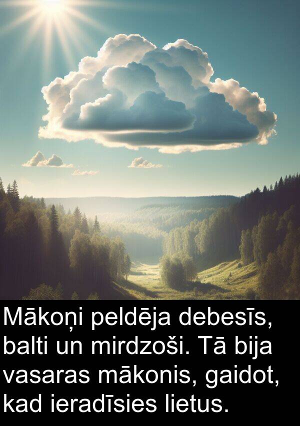 gaidot: Mākoņi peldēja debesīs, balti un mirdzoši. Tā bija vasaras mākonis, gaidot, kad ieradīsies lietus.