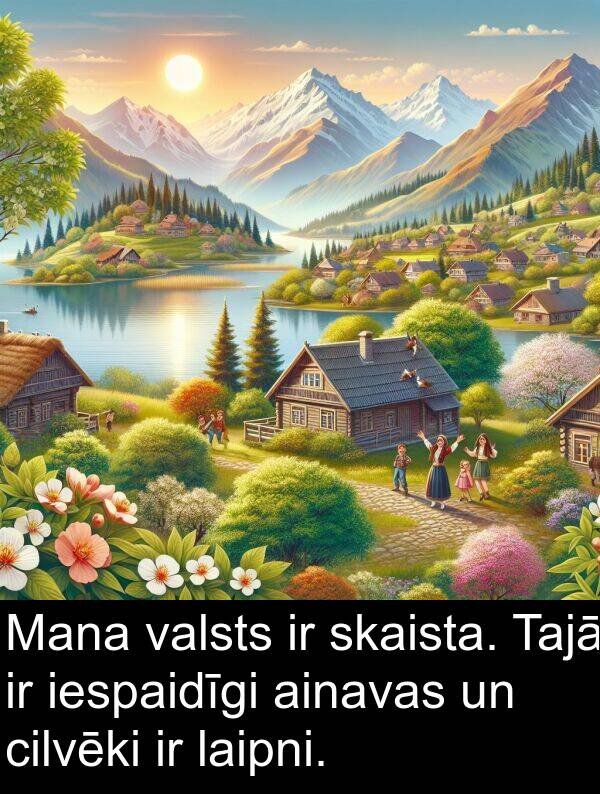 valsts: Mana valsts ir skaista. Tajā ir iespaidīgi ainavas un cilvēki ir laipni.