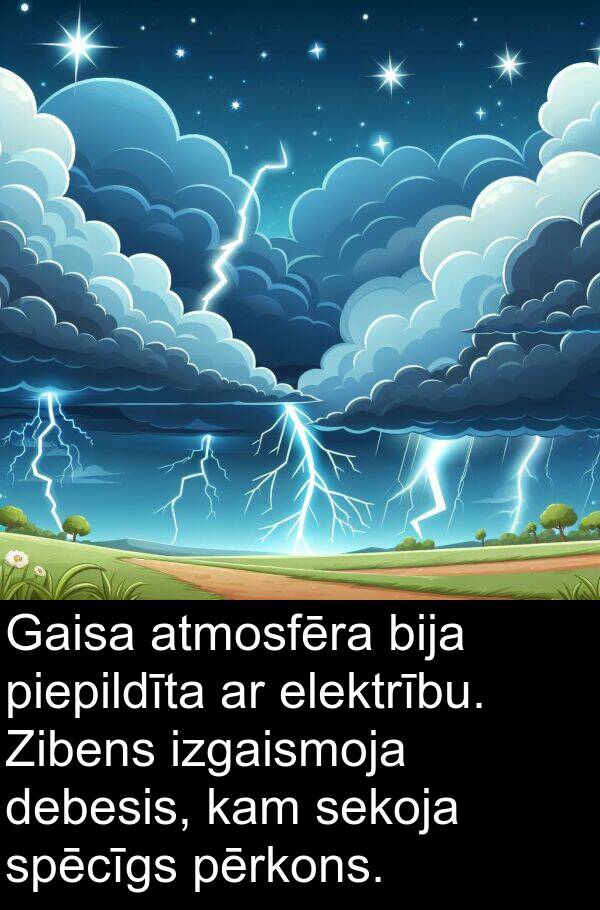 pērkons: Gaisa atmosfēra bija piepildīta ar elektrību. Zibens izgaismoja debesis, kam sekoja spēcīgs pērkons.