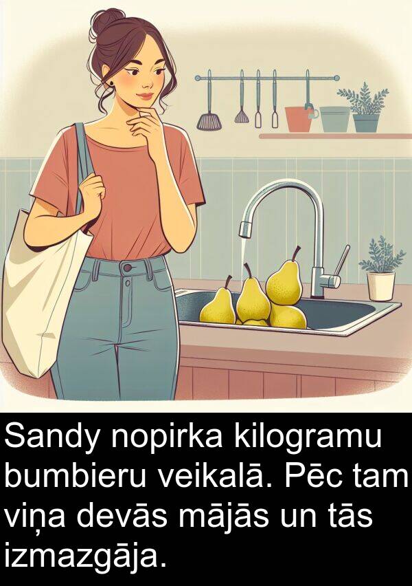 tam: Sandy nopirka kilogramu bumbieru veikalā. Pēc tam viņa devās mājās un tās izmazgāja.