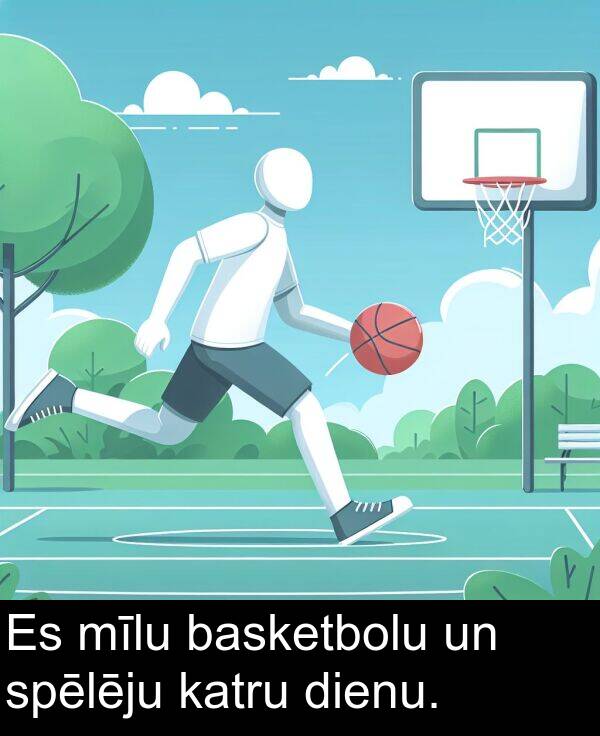 spēlēju: Es mīlu basketbolu un spēlēju katru dienu.