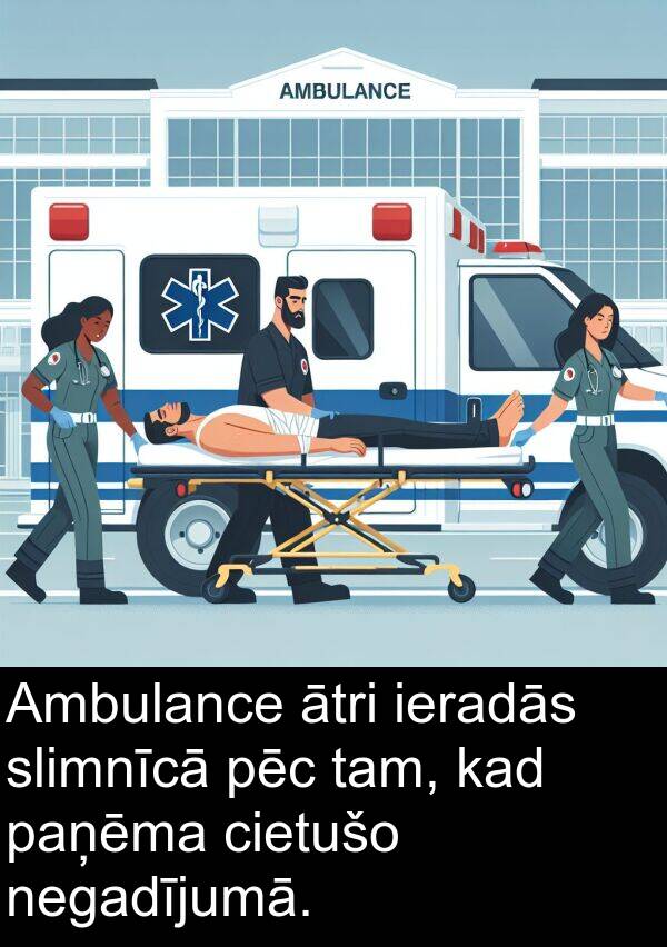 tam: Ambulance ātri ieradās slimnīcā pēc tam, kad paņēma cietušo negadījumā.