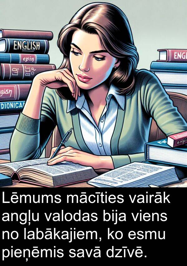 valodas: Lēmums mācīties vairāk angļu valodas bija viens no labākajiem, ko esmu pieņēmis savā dzīvē.