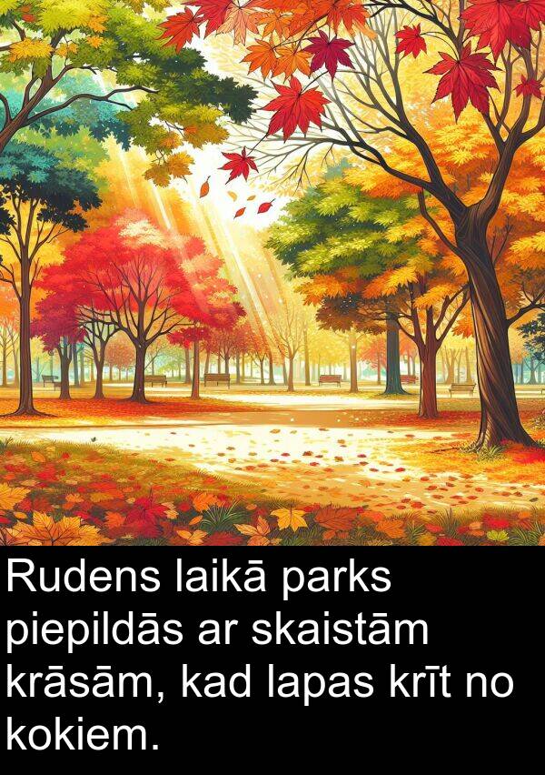 krāsām: Rudens laikā parks piepildās ar skaistām krāsām, kad lapas krīt no kokiem.